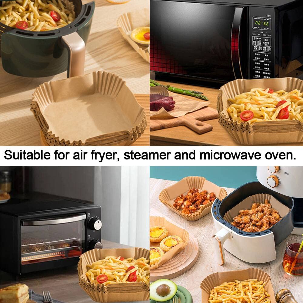 100 PCS Air Fryer Disposable Paper Liners, Non-Stick, Oil-Proof, Heat-Resistant, Food Grade Parchment for Frying, Baking, Easy Cleanup, Compatible with 5-8 Qt Air Fryers, Square Design, 20 cm