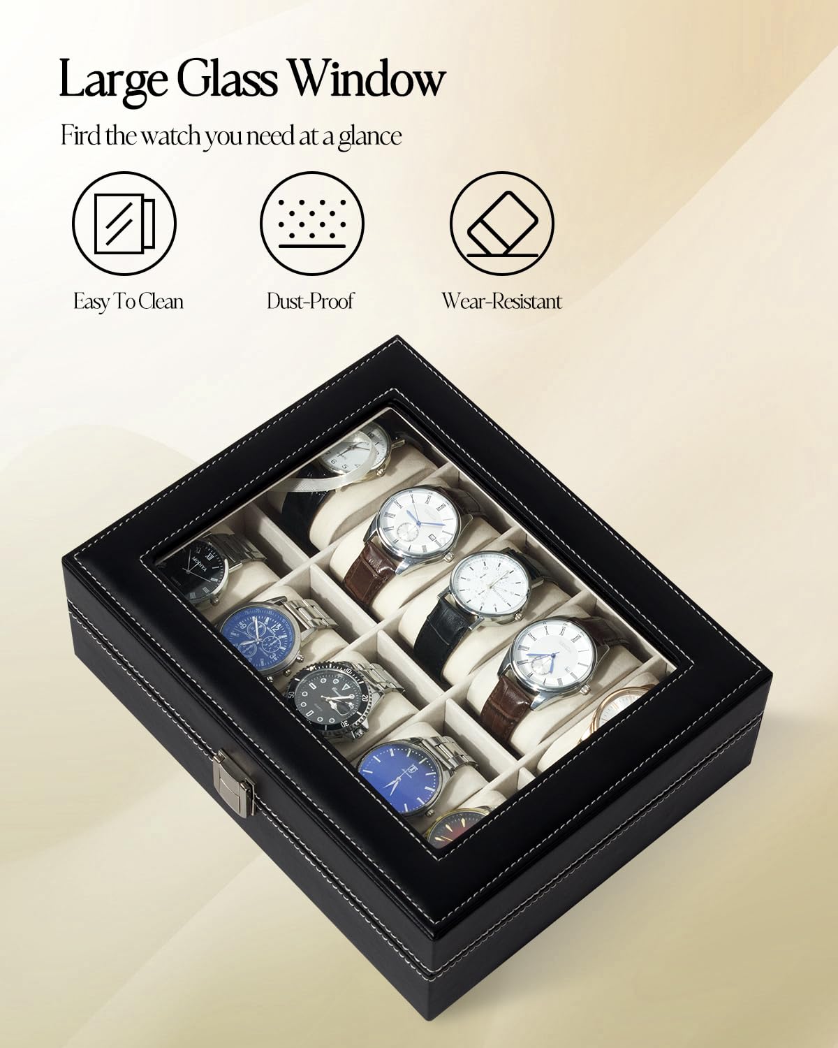 Watch Box Organizer With 10 Slot,Luxury Display Case for Watches with Glass Lid, Black, 9.92 x 8.18 x 3.14 cm