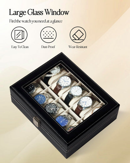 Watch Box Organizer With 10 Slot,Luxury Display Case for Watches with Glass Lid, Black, 9.92 x 8.18 x 3.14 cm