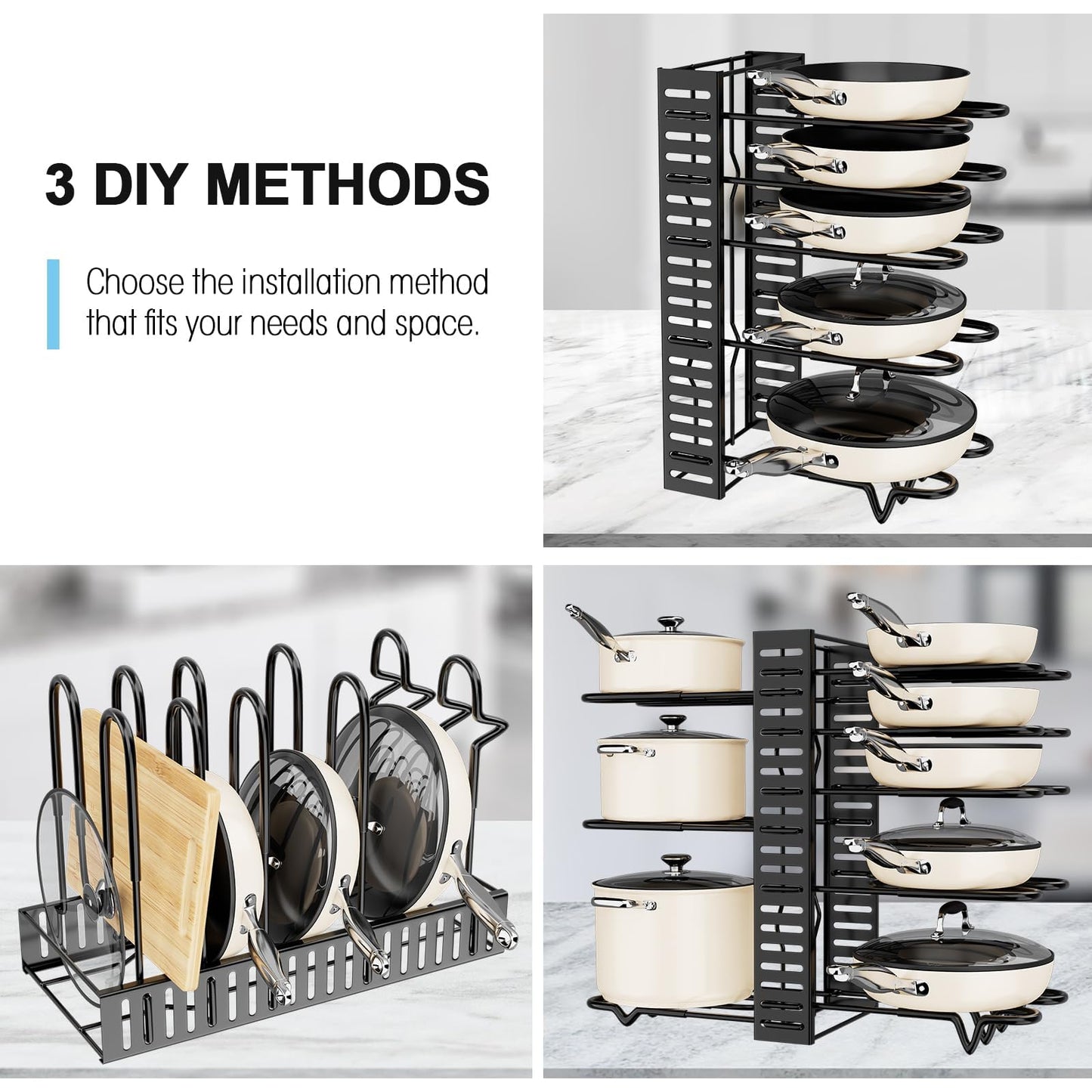 8-Tier Adjustable Rack Heavy, Pots and Pans Organizer Rack for Cabinet, Duty Under Cabinet Pot and Pan Storage, Perfect for Pots, Pans, and Lids - Easy Kitchen Organization and Storage