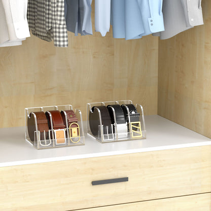 Acrylic Belt Organizer, Clear Belt Storage Holder with 3 Compartments and Display Stand, Perfect for Closet, Drawer and Dresser Organization, Elegant Storage Solution for Belts, Clear