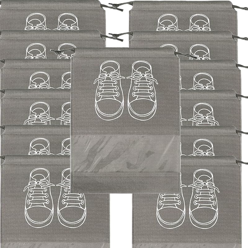 حقائب تخزين أحذية كبيرة، حقائب أحذية مقاومة للغبار برباط مع نافذة شفافة، منظم سفر مقاوم للماء، حقائب أحذية محمولة - رمادي