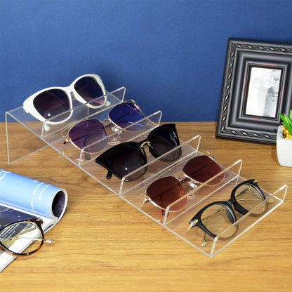 Acrylic Eyewear Stand Holder, Clear Display Rack Organizer for 5 Pairs of Eyeglasses or Sunglasses, Vertical Storage Stand for Desktop, Closet, or Retail Counter Use, Clear