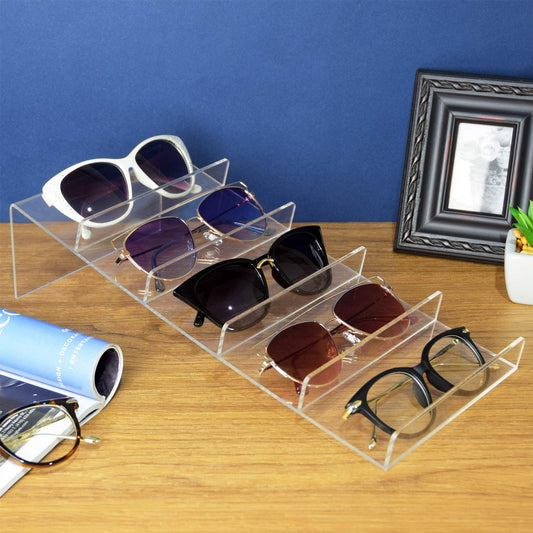 Acrylic Eyewear Stand Holder, Clear Display Rack Organizer for 5 Pairs of Eyeglasses or Sunglasses, Vertical Storage Stand for Desktop, Closet, or Retail Counter Use, Clear