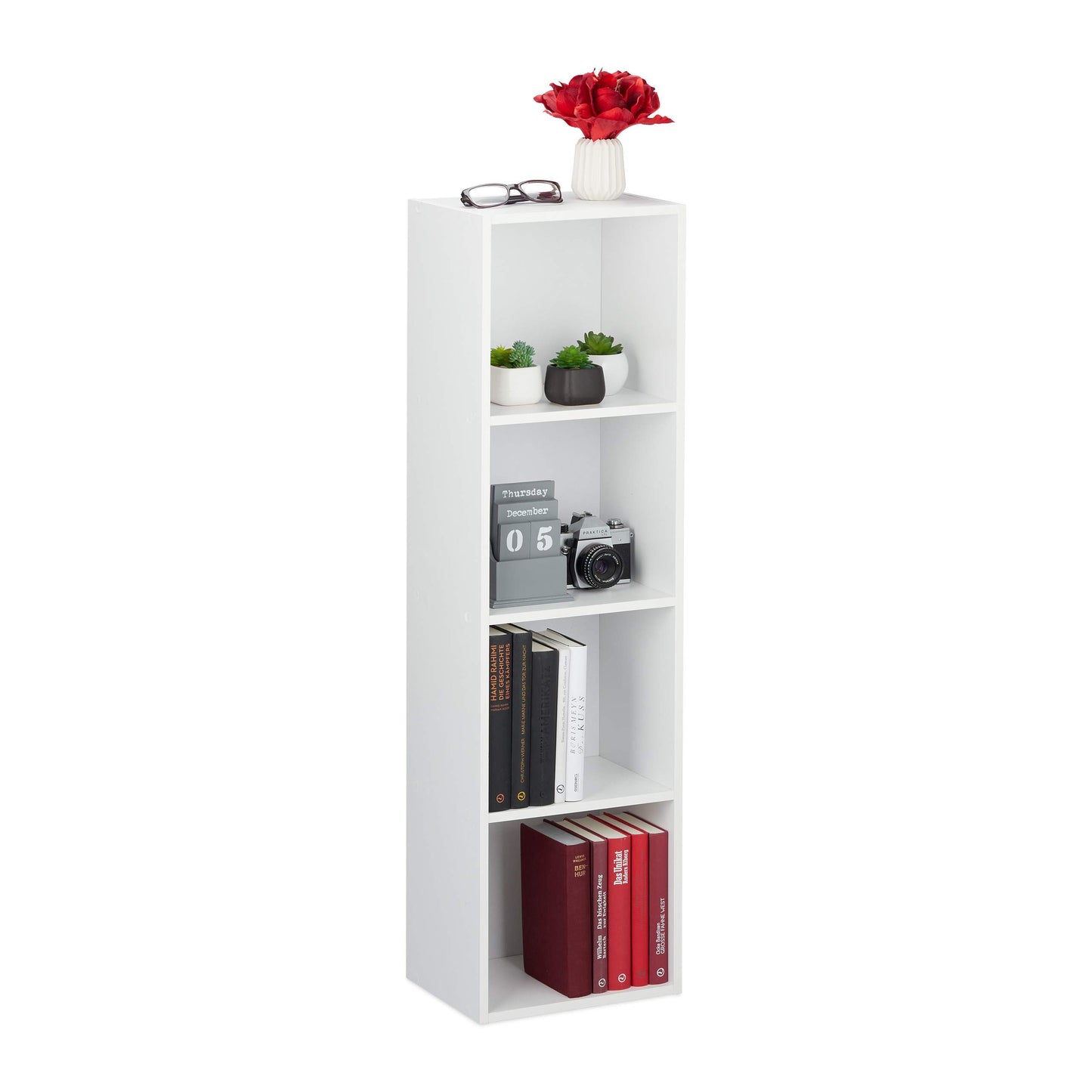 4-Tier Bookcase, Modern Design Standing Storage Shelf for Home & Office, PB Construction, HxWxD: 106 x 30 x 23 cm, White, Compact and Slim Profile, Versatile Unit