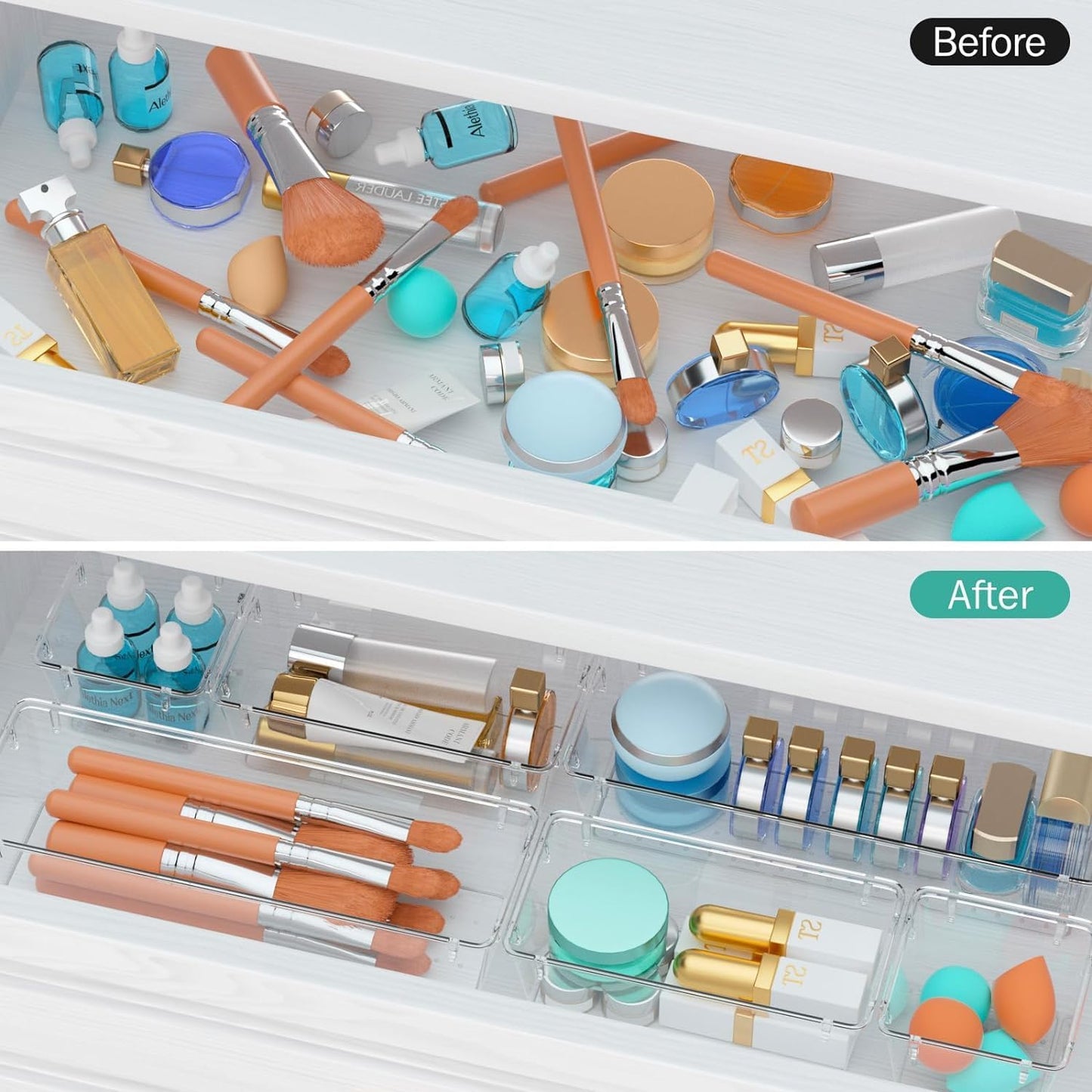 Xpandio Clear Plastic Drawer Organizers Set, Versatile Bathroom and Vanity Drawer Organizer Trays, Storage Bins for Makeup, Bedroom, Kitchen Gadgets Utensils and Office (4 PC LONG LARGE)