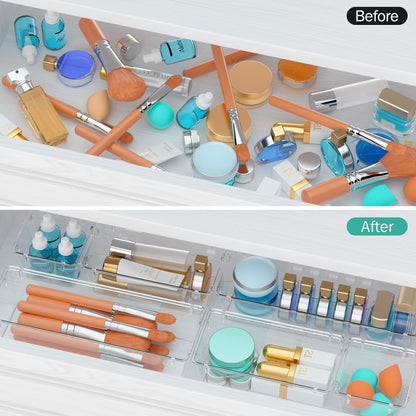 Xpandio Clear Plastic Drawer Organizers Set, Versatile Bathroom and Vanity Drawer Organizer Trays, Storage Bins for Makeup, Bedroom, Kitchen Gadgets Utensils and Office (4 PC LONG LARGE)