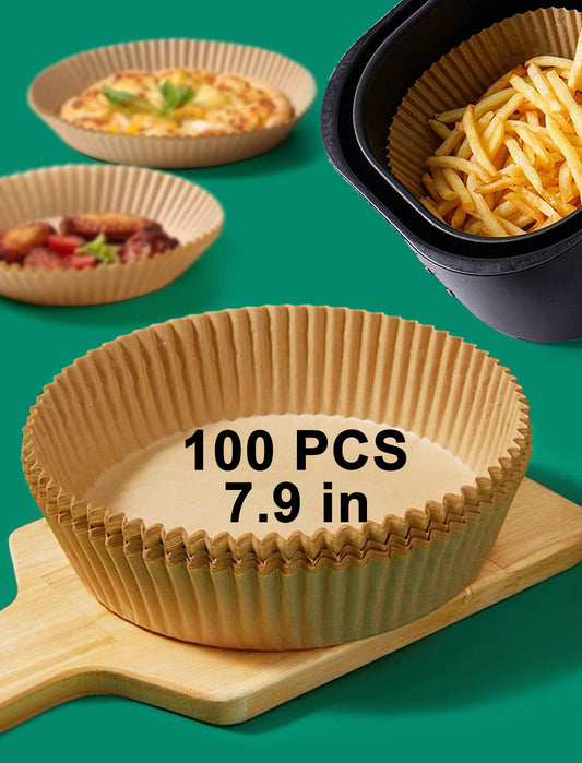 Air Fryer Liners, 100PCS Air Fryer Paper Liners, Disposable Paper Liner for Air Fryer, Oil-Proof, Water-Proof, Food Grade Parchment for Baking Roasting Microwave(7.9in)