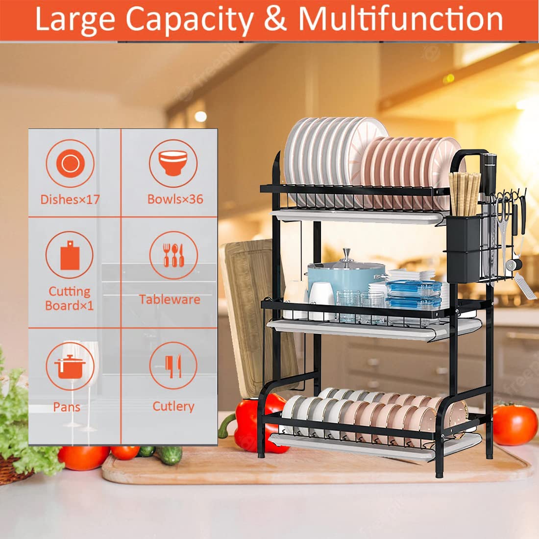 NQV 3 Tier Dish Drying Stand Large Dish Rack for Plates Cups Bowls Utensils Cutting Board and Cutlery Metal Dish Drying Rack with Spray Paint Durable Dish Rack with 3 Removable Water Trays