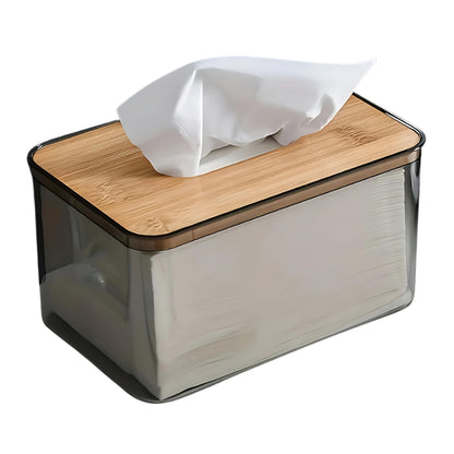 Acrylic Rectangle Tissue Organizer Box With Bamboo Wooden Removable Lid Add More Elegane For Home And Office - Transparent
