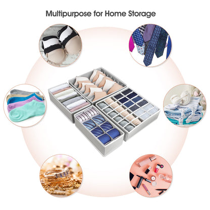 4-Pieces Fabric Wardrobe Organizer, Foldable Storage Bins for Underwear, Socks, Bras, and Accessories, Grey, 15 x 11 x 31 cm
