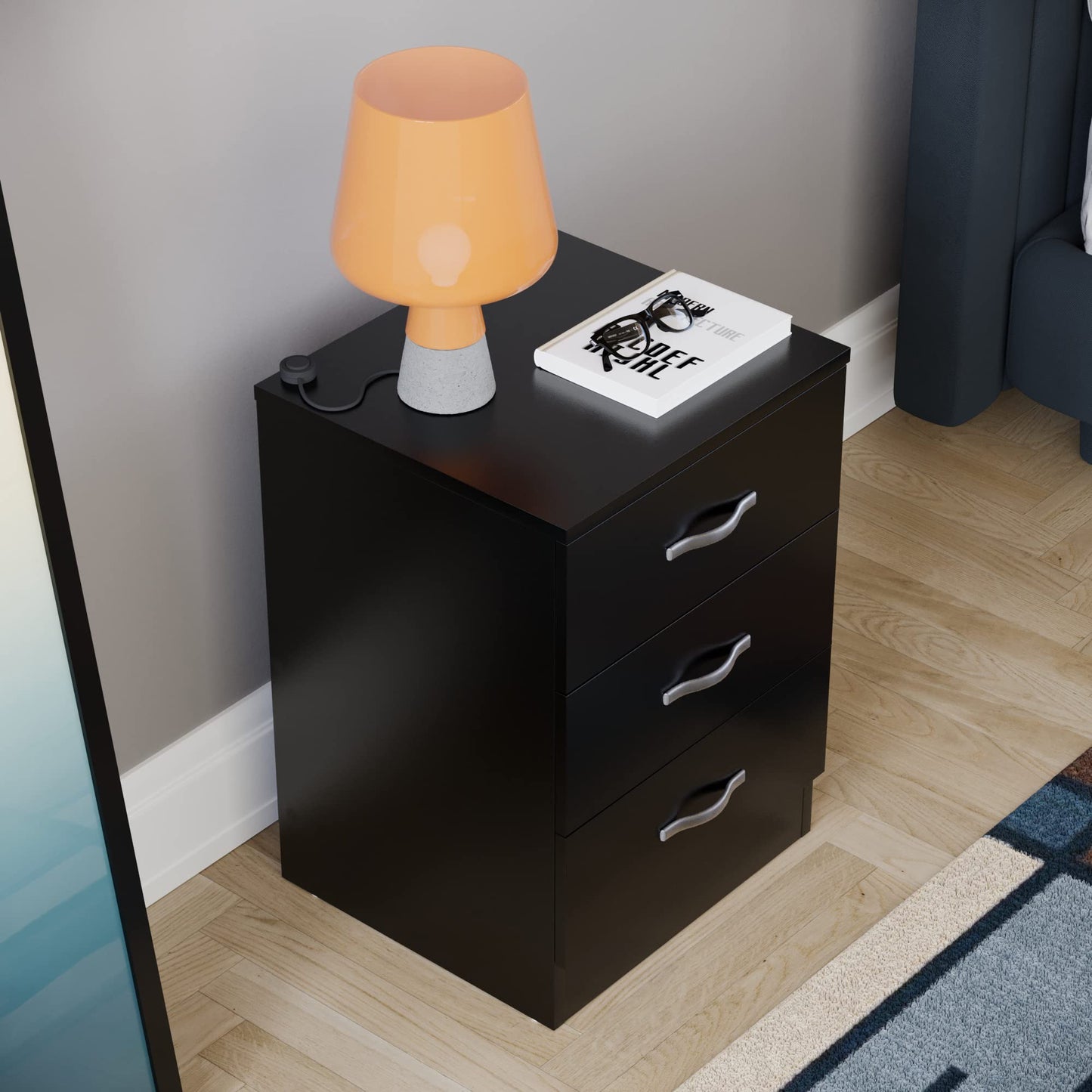 Large 3-Drawer Bedside Cabinet in Black, Chest of Drawers with Metal Handles and Anti-Bowing Support, Riano Bedroom Furniture for Ample Storage, Modern Nightstand