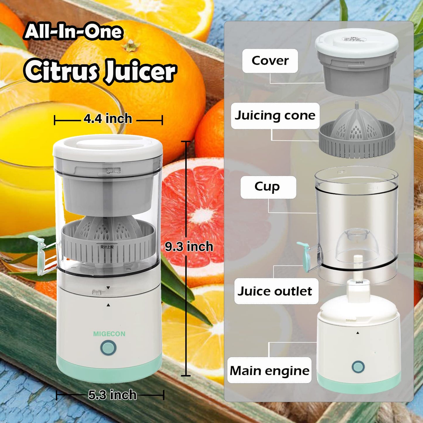 Migecon Citrus juicer, electric orange squeezer with powerful motor and usb charging cable, juicer extractor, lime juicer, suitable for orange, citrus, apple, grapefruit and pear.