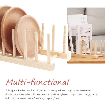 Plate Rack,Wooden Plate Stand 6 Slots Pot Lid Holder Wood Dish Racks Drainer Rack for Kitchen Cupboard Organizer Dish Plate Bowl Cup Book