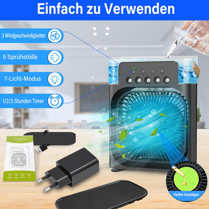 Mini Air Conditioning Portable Air Cooler Mobile Air Conditioner with 3 Speeds, 1/2/3H Timer, 360° Rotation, Small Personal Air Conditioning Fan, USB Desktop Cooling Fan for Office, Home, Black