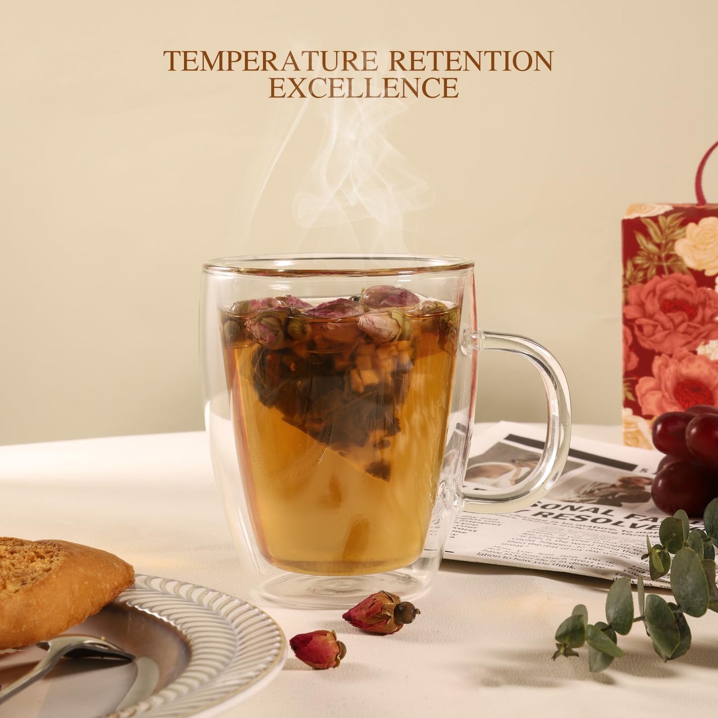 YUNCANG Double Wall Glass Coffee Mugs, (4-Pcak) 13 Ounces-Clear Glass Coffee Cups with Handle,Insulated Coffee Glass,Cappuccino Cups,Tea Cups,Latte Cups,Beverage Glasses Heat Resistant