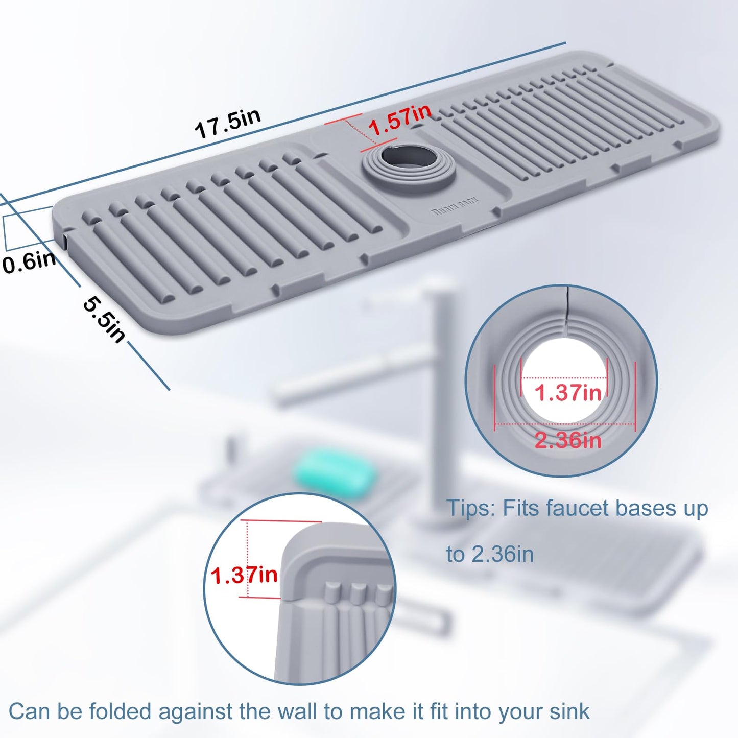 Kitchen Sink Splash Guard, Silicone Faucet Mat, Faucet Handle Drip Catcher Tray, Kitchen Sink Organizer,17.5” x 5.5”Sink Sponge Holder, Sink Protectors for Kitchen Sink, Kitchen Sink Accessories(Grey)
