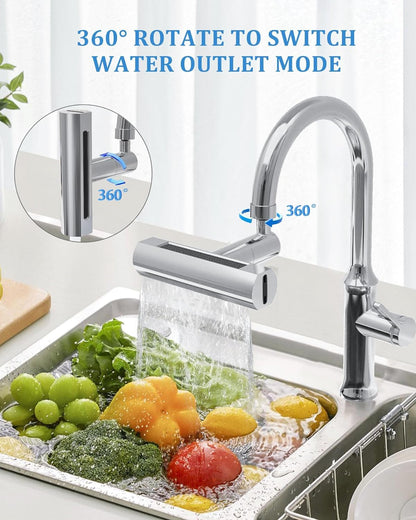 4-in-1 Waterfall Kitchen Faucet – 360° Swivel Faucet Extender for Kitchen Sink, Splash-Proof High Arc Faucet Head Replacement, Ideal for Washing Fruits and Vegetables