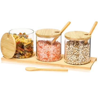 Baderke 3 Pcs Condiment Jars, 300 ml / 10 oz Glass Container Box with Bamboo Spoon Lid and Base Clear Seasoning Box Adorable Condiment Pots Spice Containers for Sugar Pepper Cruet
