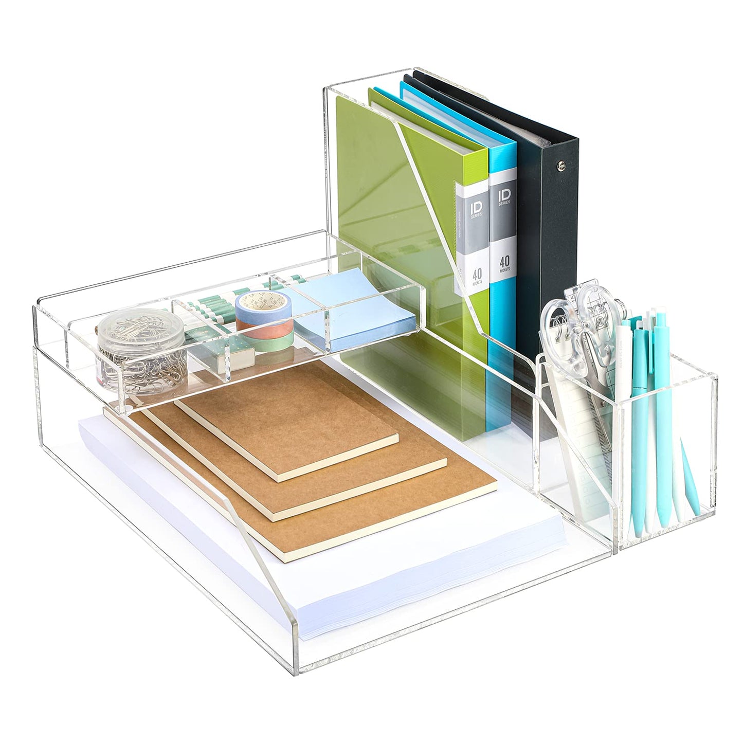 Clear Acrylic Desk Organizer Set, 4 Pcs Office Supplies Set with Paper Tray, Magazine Holder, Pen Holder, Desktop Organizer for Home and Office