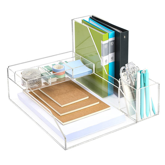Clear Acrylic Desk Organizer Set, 4 Pcs Office Supplies Set with Paper Tray, Magazine Holder, Pen Holder, Desktop Organizer for Home and Office