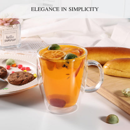 YUNCANG Double Wall Glass Coffee Mugs, (4-Pcak) 13 Ounces-Clear Glass Coffee Cups with Handle,Insulated Coffee Glass,Cappuccino Cups,Tea Cups,Latte Cups,Beverage Glasses Heat Resistant