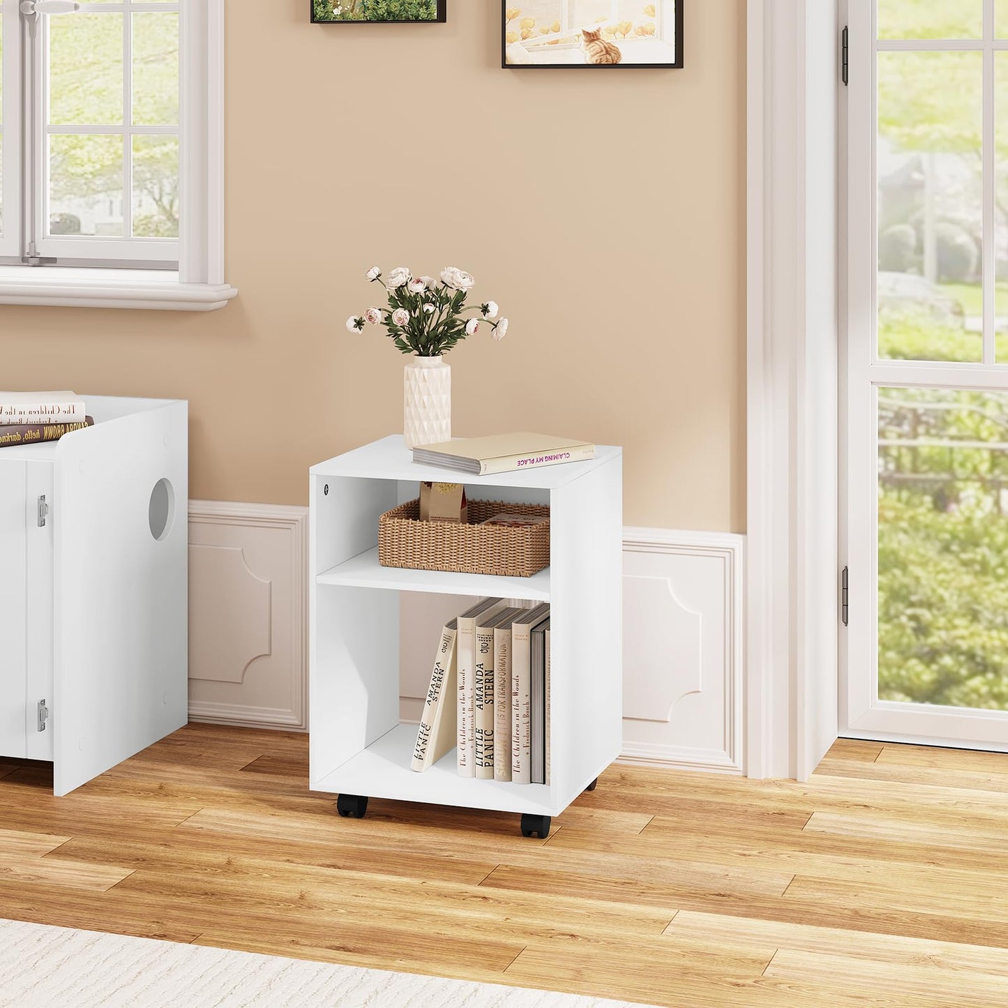 Printer Stand with Wheels in White, Mobile Office Cabinet with 2 Compartments, Engineered Wood Under-Desk Stand with Brakes, 40x35x55cm, Versatile Storage Trolley