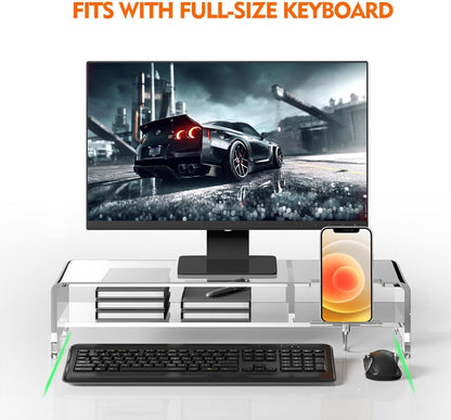 Clear Acrylic Monitor Stand Riser with 2 Tiers and Phone Holder, 50.8 x 20.3 x 11.4 cm Desktop Organizer Shelf for Laptop Printer or Screen, Ergonomic Display Stand for Home or Office