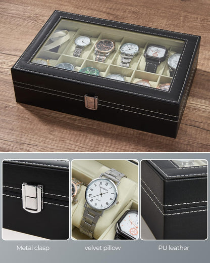 Watch Organizer Case for Men, 12 Slot Watch Box with Real Glass Lid, PU Leather Display Storage, Soft Velvet Interior, Jewelry Holder