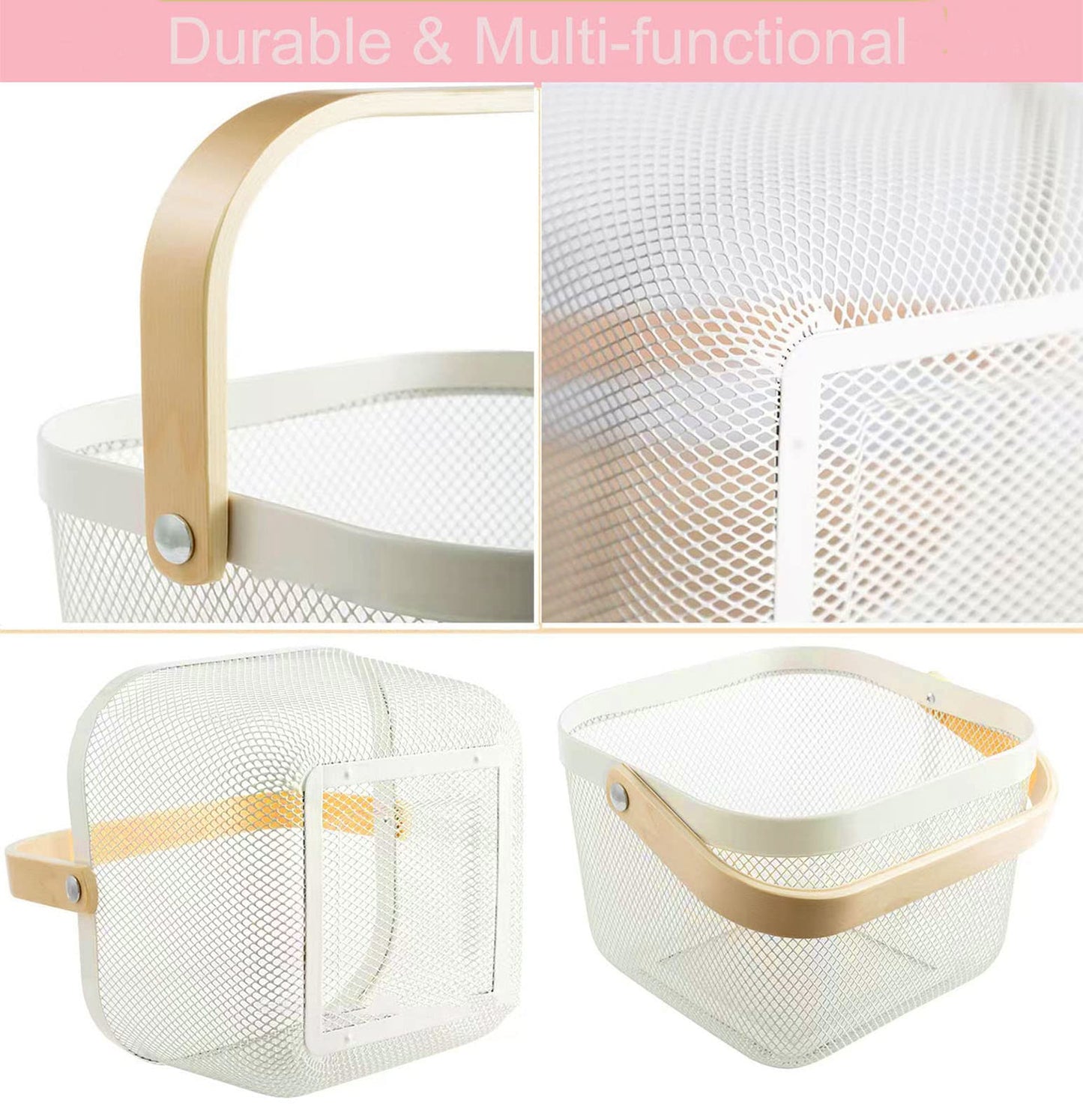 AJIODA Metal Mesh Steel Basket, Multi-functional Hanging Kitchen Baskets Fruit Basket Bin with Bamboo Handle, Beige