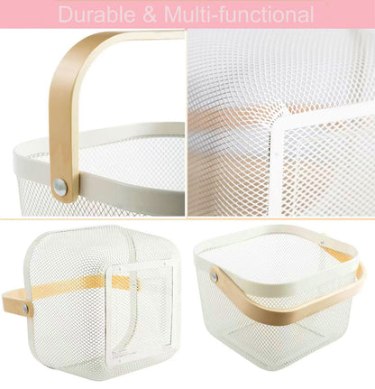 AJIODA Metal Mesh Steel Basket, Multi-functional Hanging Kitchen Baskets Fruit Basket Bin with Bamboo Handle, Beige