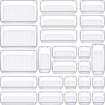 Zimtal Drawer Organizer (25) Set of 4 Size Versatile Desk Drawer Organizers and Storage Bins for Makeup, Bedroom, Jewelry, and Kitchen/Office Devices made of Clear Plastic (25 pcs)