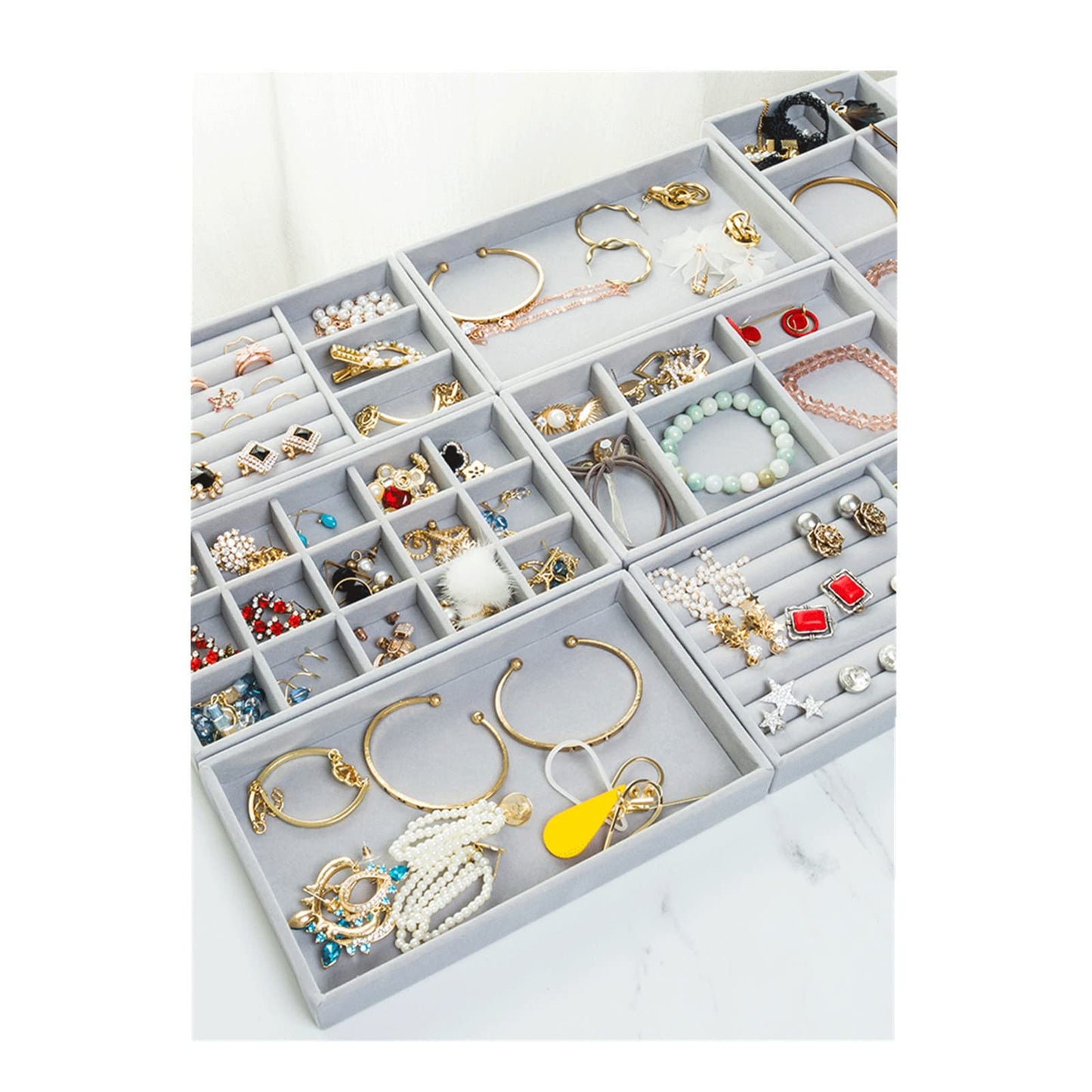 Velvet Jewelry Trays Organizer, Stackable Jewelry Storage Display Trays for Drawer Earring Necklace Bracelet Ring Organizer, Set of 4