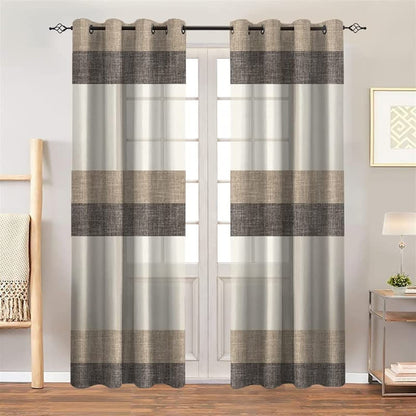 INtex Curtains Luxury Linen curtains - semi transparent crosswise stripped sheer - Steel grommets - 1 piece Brown x Café 200W X 265LCM