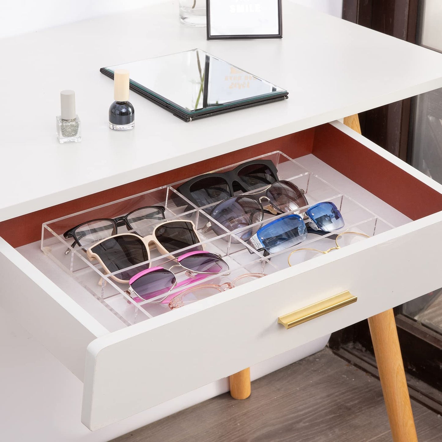Clear Acrylic Eyeglasses Organizer Tray with 8 Compartments – Multipurpose Storage Display for Sunglasses, Accessories, Drawer or Dresser Use – 35.5 x 24 x 3 cm