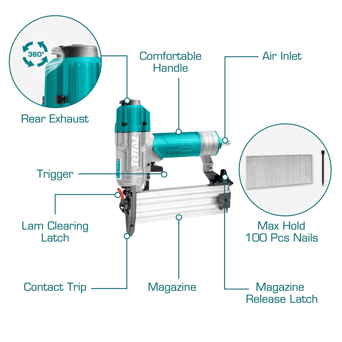 TOTAL Brad Nailer with 1000 Pcs Brad Nails Air-Powered Compatible with 5/8" to 2" Nails,TAT83501