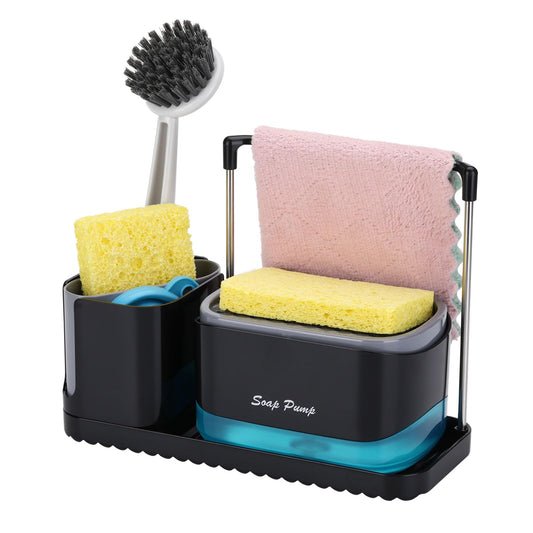 GINZER Black ABS Stainless Steel Kitchen Sink Organizer, 6-Compartment Caddy with Soap Dispenser, Sponge Holder, Dish Brush Rack, Drainer, Towel Holder