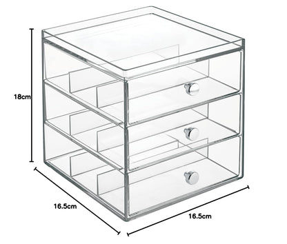 Acrylic Mini Chest of Drawers, Clear Storage Organizer for Bathroom, Dresser, Makeup, Jewelry, and Accessories Display, 3 Drawer Unit, 20 x 15 x 25 cm, Clear