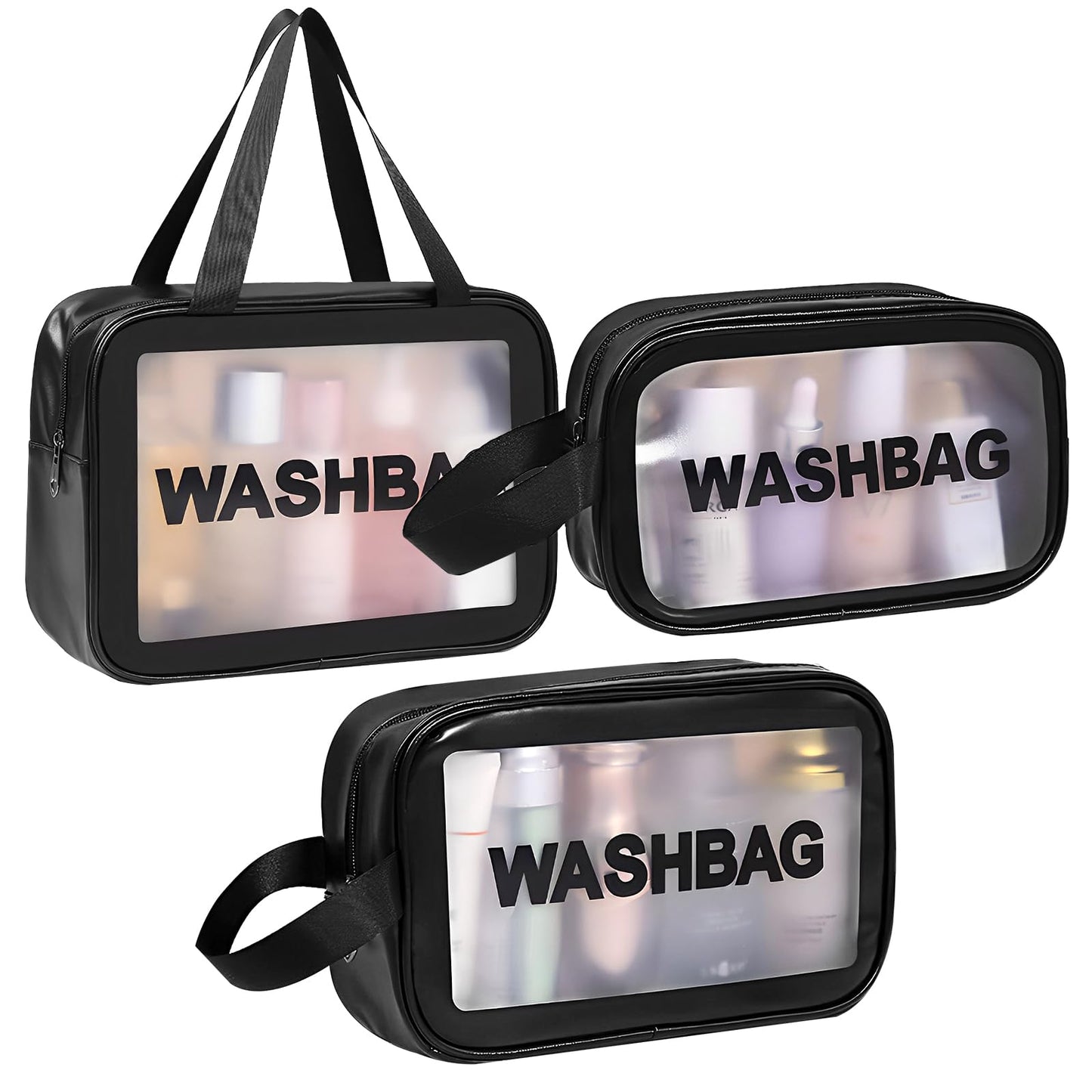 WLLHYF Clear Toiletry Bag 3 Pcs Travel Cosmetic Bags Zipper Makeup Handle Portable Luggage Pouch Multipurpose Transparent Waterproof Pouch for Women Men Traveling, Black, Fashion