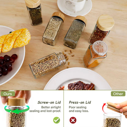 Thokono Spice Jars Square 24 Pieces with Bamboo Lid 120 ml, 10.5 x 4.5 cm Spice Jars Set with Screw Cap, Spice Shaker Glass with Shaker Insert, Spice Container Spice Storage Spice Jars