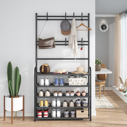 Lukzer multifunctional entryway coat rack 5 tier 3 in 1 hall tree shoe bench with keys hat umbrella stand storage shelves with 8 hooks hanger 5 bottom layer organizer (170 x 80 x 26 cm/black, metal)