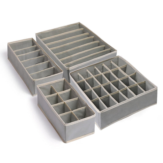 YOULEY 4-Piece Foldable Drawer Organiser, Grey Fabric Dividers for Socks, Bras, Scarves & Ties, 24+6+8+7 Cells, Space Saving, Sturdy, Portable