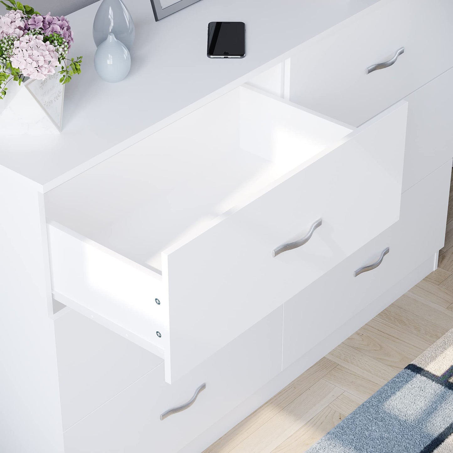 Wide Chest of 6 Drawers, Durable Manufactured Wood Bedroom Storage Unit with Smooth Sliding Drawers and Ample Space, Elegant Furniture in a Clean White Finish for Any Room