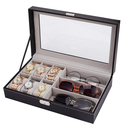 ALS AILISUO 6 Slots Watch Box 3 Slots Eyeglass Sunglasses Organizer Box With Lockable Case Clear Glass PU Leather Storage Box Display Showcase for Women & Men (Black)