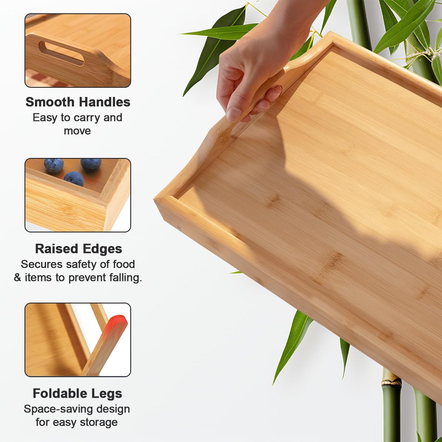 Mantraraj Wooden Bamboo Food Serving TV Tray with Handles Portble and Folding Legs Dinner Breakfast Lap Table Mat for Sofa and Bed - 50x30cm