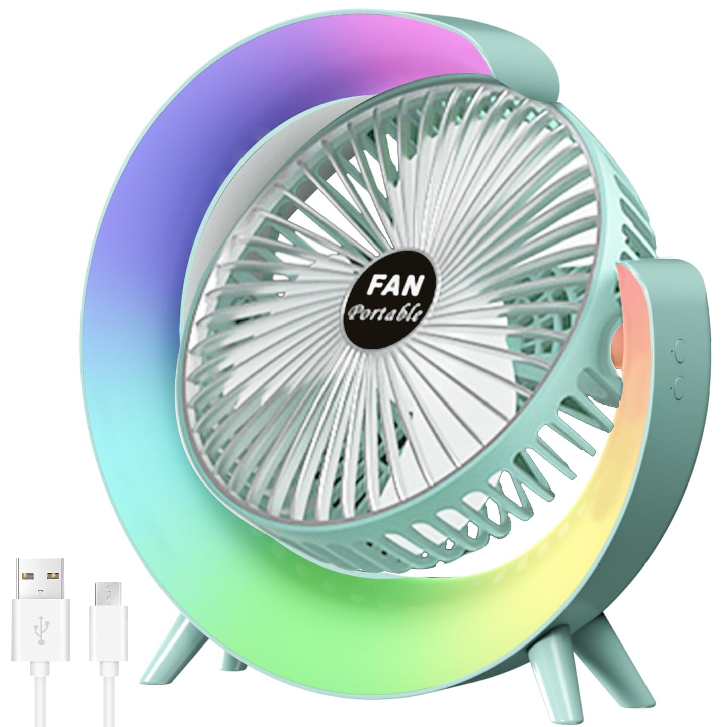 Osuke USB Desk Fan, 3 Speeds Portable Fan with 7 Colors Gradual Changing, 20db Low Noise and 180° Rotation Adjustable, Rechargeable Small Fan for Home Office Computer Desk