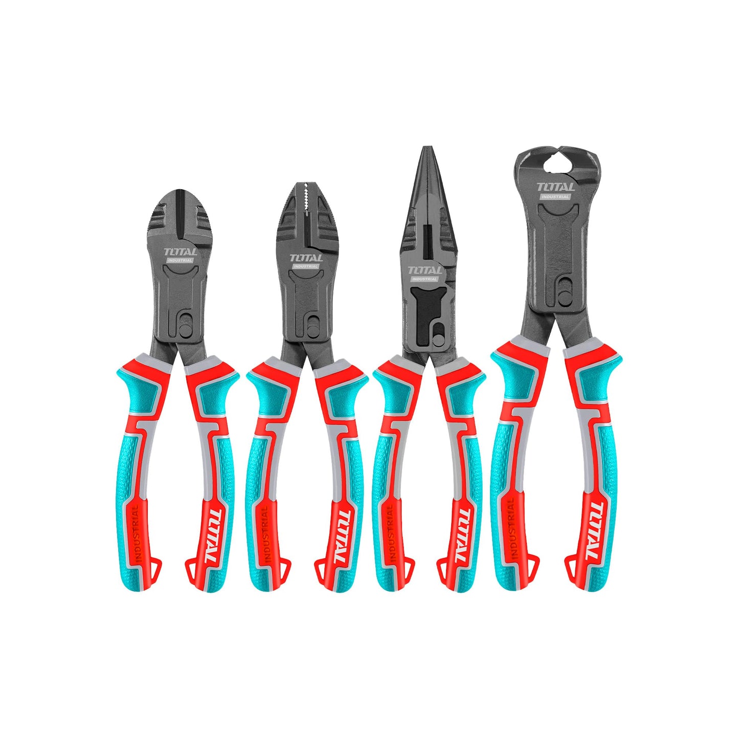 TOTAL - Set of 4 Reinforced Pliers - Universal 200mm, Diagonal Pliers 200mm, Flat Nose Pliers 215mm, Front Cutters 215mm - Cr-V Steel with Teflon - Ergonomic Trimaterial Handle