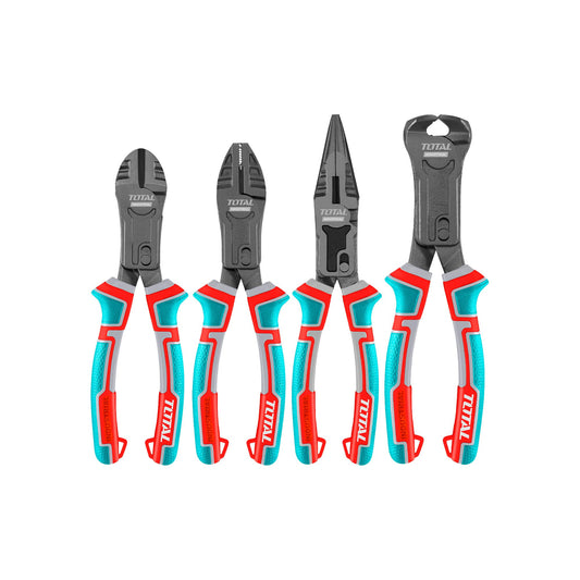 TOTAL - Set of 4 Reinforced Pliers - Universal 200mm, Diagonal Pliers 200mm, Flat Nose Pliers 215mm, Front Cutters 215mm - Cr-V Steel with Teflon - Ergonomic Trimaterial Handle