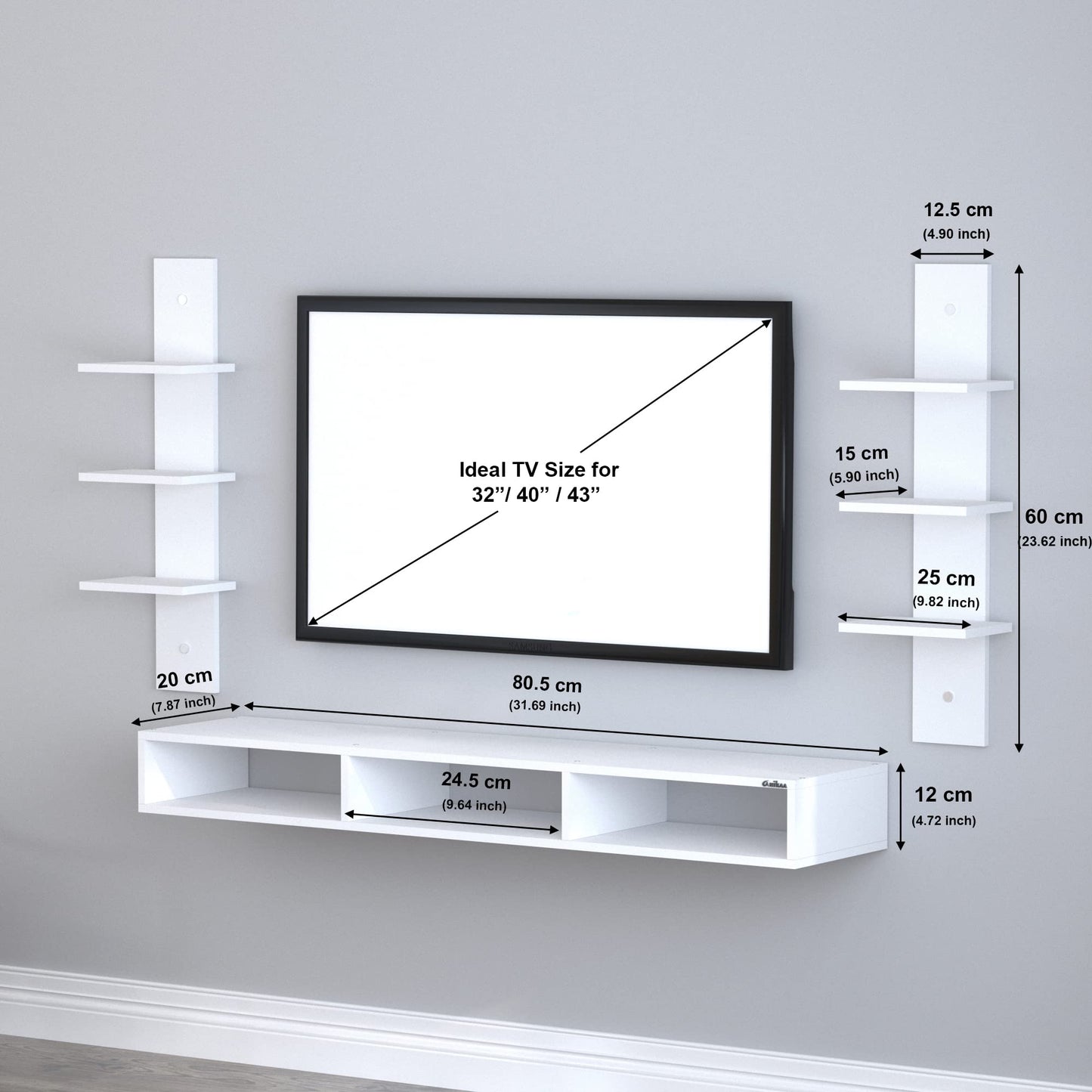 Carlet Wood WalLMount TV Unit/TV Stand, WalLSet Top Box Stand/TV Cabinet, White, IdeaLUpto 101.6 cm, D.I.Y Assembly, Floating Entertainment Shelf