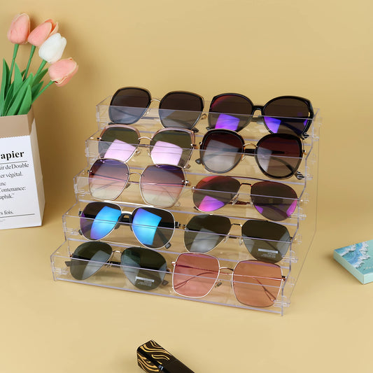Acrylic 5-Tier Sunglasses Organizer, Clear Countertop Display Stand for Eyewear, Nail Polish, Makeup, or Essential Oils, Tool-Free Assembly, Shelf Storage for Home or Retail Use, Clear